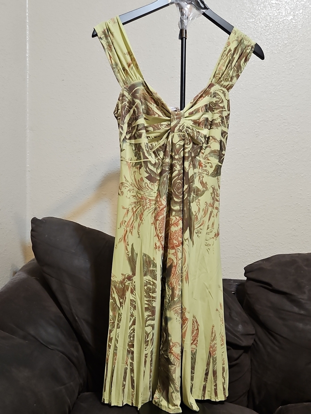 FunFash Pale Lime & Brown Floral Twist-Front Midi Dress
